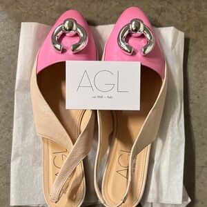Brand New Stylish AGL Pink and Beige Loafers with Silver Accent